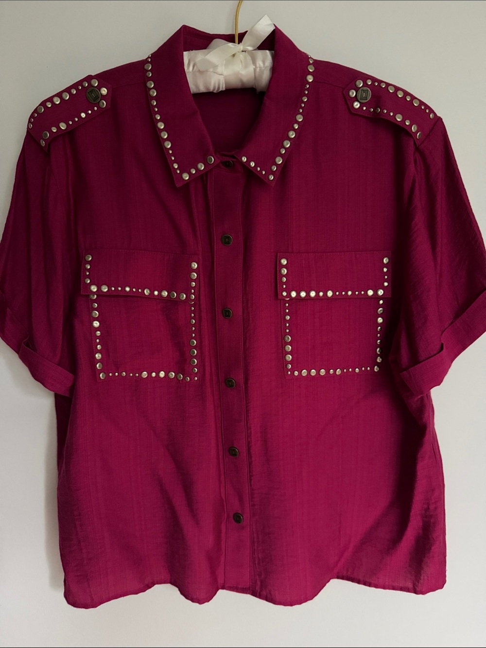 Karl Lagerfeld Studded Button-Front Short Sleeve Top - Deep Berry